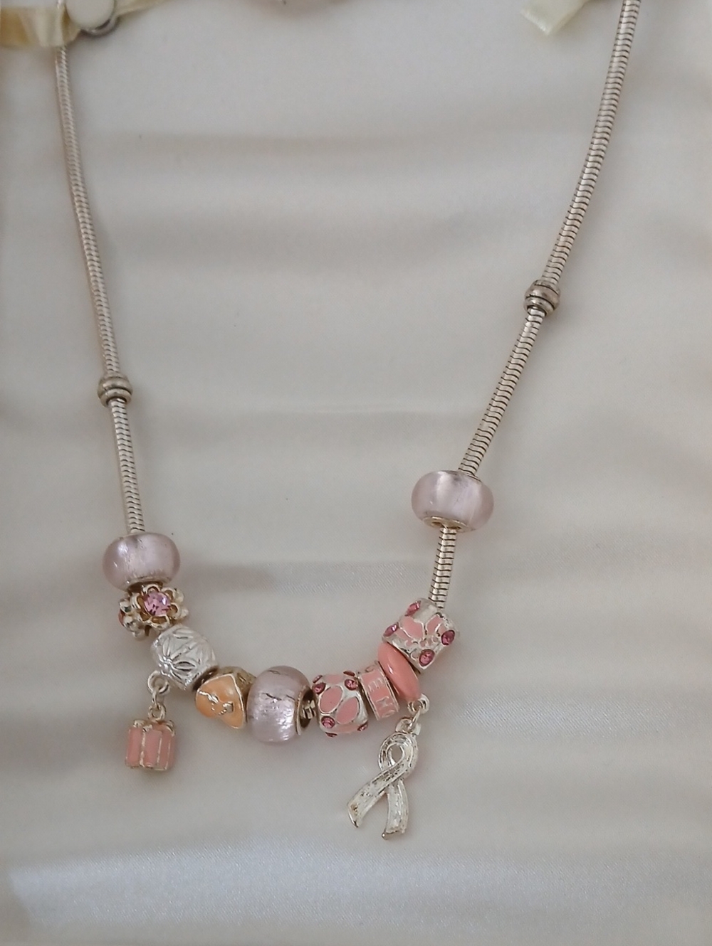 Sterling-Style Pink Ribbon Charm Necklace with Pink Beads